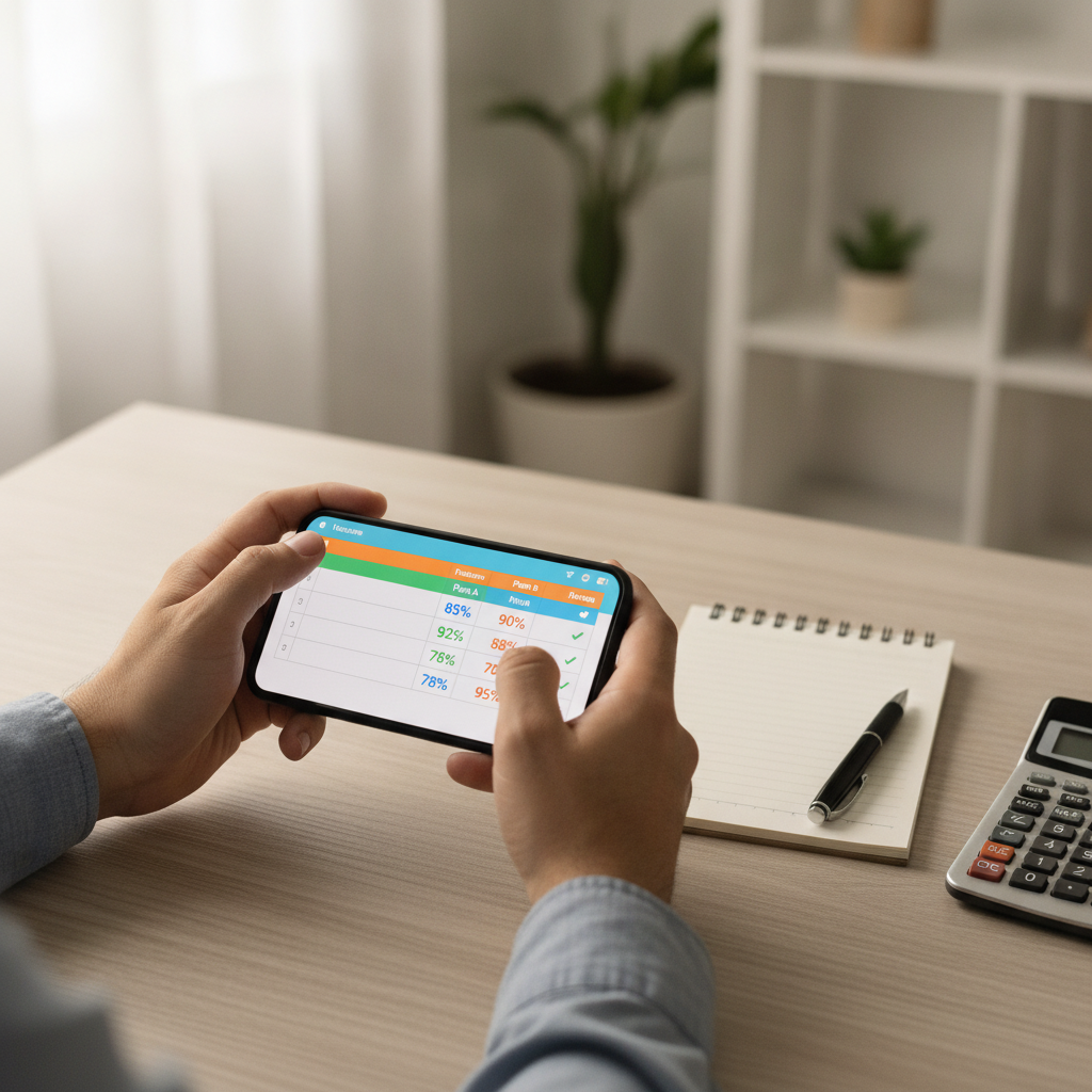 Person comparing online casino bonus offers on mobile phone with calculator and notepad